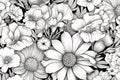 Coloring Book Black Outline, Blooming Flowers Garden Filled With Blooming Flowers Of Different Shapes. Generative AI