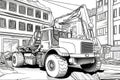 Coloring Book Black Outline, Construction Zone Hardworking Construction Vehicles Building Towering Structures. Generative AI Royalty Free Stock Photo