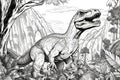 Coloring Book Black Outline, Dinosaur Adventure Ferocious Dinosaurs Roaming Prehistoric Landscape. Generative AI