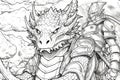 Coloring Book Black Outline, Dragon Quest Brave Knights On Quest To Defeat Majestic Dragons. Generative AI