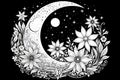 Coloring Book Black Outline, Dreamy Moonlit Night Serene Night Sky With Crescent Moon And Stars. Generative AI