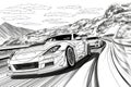 Coloring Book Black Outline, Road Rally Fastpaced Race Cars Speeding Through Winding Race Track. Generative AI Royalty Free Stock Photo