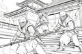 Coloring Book Black Outline, Stealthy Ninjas Ninja Warriors Showcasing Their Skills In Mysterious Setting. Generative AI