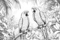 Coloring Book Black Outline, Tropical Birds Paradise Colorful Birds Perched On Palm Trees And Flowers. Generative AI