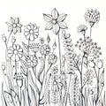 Coloring book with blooming meadow. Beautiful drawing with wild flowers and herbs