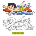 Coloring book. A boy riding a surf Royalty Free Stock Photo