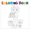 Coloring book of cartoon boy with cake a gifts at the holiday.