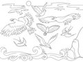 Coloring book cartoon for children. Above the sea birds of different kinds fly.