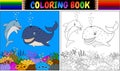 Coloring book with cartoon dolphin and whale