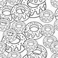 Coloring book , Cartoon donuts . Seamless pattern Hand drawn delicious dessert Royalty Free Stock Photo