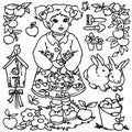 Coloring book, Cartoon farm girl and animals Royalty Free Stock Photo