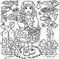 Coloring book, Cartoon farm girl and animals Royalty Free Stock Photo