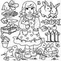 Coloring book, Cartoon farm girl and animals