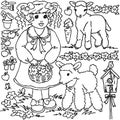 Coloring book, Cartoon farm girl and animals Royalty Free Stock Photo