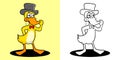 Coloring book cartoon illustration duck with magician hat