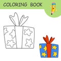 Coloring book with cartoon Present Box with bows and ribbon. Colorless and color example Box on coloring page for kids.