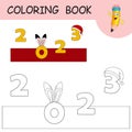 Coloring book with cartoon Rabbit ears and Santa claus hat on numbers 2023. Colorless and color example Hare on coloring page. Royalty Free Stock Photo
