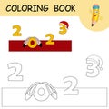 Coloring book with cartoon Rabbit ears and Santa claus hat on numbers 2023. Colorless and color example Hare on coloring page. Royalty Free Stock Photo