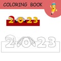 Coloring book with cartoon Rabbit ears and Santa claus hat on numbers 2023. Colorless and color example Hare on coloring page. Royalty Free Stock Photo