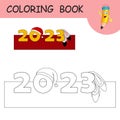 Coloring book with cartoon Rabbit ears and Santa claus hat on numbers 2023. Colorless and color example Hare on coloring page. Royalty Free Stock Photo