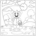 Coloring book with a cheerful pig collecting mushrooms in the autumn forest. Vector illustration on the theme of coloring for