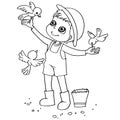 Coloring book child feeding birds vector