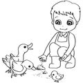 Coloring book child feeding duck vector