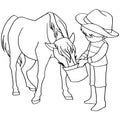 Coloring book child feeding horses vector Royalty Free Stock Photo