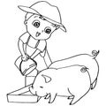 Coloring book child feeding pigs vector