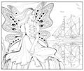 Coloring book for children and adults. Beautiful fairy sits on the seashore and looks at sailboat. Illustration in zentangle style