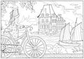 Coloring book for children and adults. Beautiful girl travels in Brittany seacoast on a bike. Black and white vector illustration