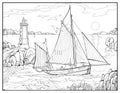 Coloring book for children and adults. Illustration ancient Celtic boat in the Gulf of Douarnenez. Sea landscape with an old