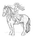 Coloring book for children and adults. Illustration of beautiful happy girl riding the horse. Printable page for drawing and