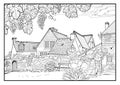 Coloring book for children and adults. Old French manor with vineyard. Landscapes for coloring. Illustration in zen-tangle style.