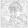 Coloring book for children and adults. Rainy weather. Caring girl walks with dog under umbrella. Black and white vector Royalty Free Stock Photo