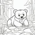 Coloring book for children: bear sitting on the rock in the forest