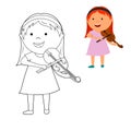 coloring book for children. color it according to the drawing. cute cartoon girl playing the violin. vector