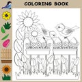 Coloring book for children with colorful samples. Flowers, birds, fence, flower box. Royalty Free Stock Photo