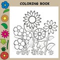 Coloring book for children with colorful samples. Simple cartoon flowers, sunflower.