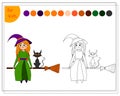 coloring book for children by colors, cartoon witch sitting on a broom with a black cat, halloween. vector Royalty Free Stock Photo