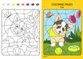 Coloring book for children: Cute dog in the park. Vector illustration coloring pages