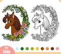 Coloring book, Cute pony in a floral frame