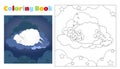 Coloring book for children cute sheep sleeps on a cloud among the stars and clouds. Coloring pages.