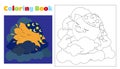 Coloring book for children cute sun in a nightcap sleeps on a cloud among the stars and clouds. Coloring pages for kindergarten