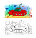 Coloring book for children. Cute toy submarine model. Underwater life. Colorful and black and white template for coloring. Kids