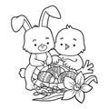 Coloring book, Easter illustration. Bird and rabbit and basket with colored eggs