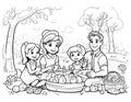 coloring book for children with family at an autumn Easter picnic