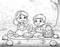 coloring book for children with family at an autumn Easter picnic