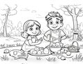 coloring book for children with family at an autumn Easter picnic