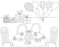 Coloring book for children. Festive birthday table with cake and delicious food. Packaged balloons and gifts